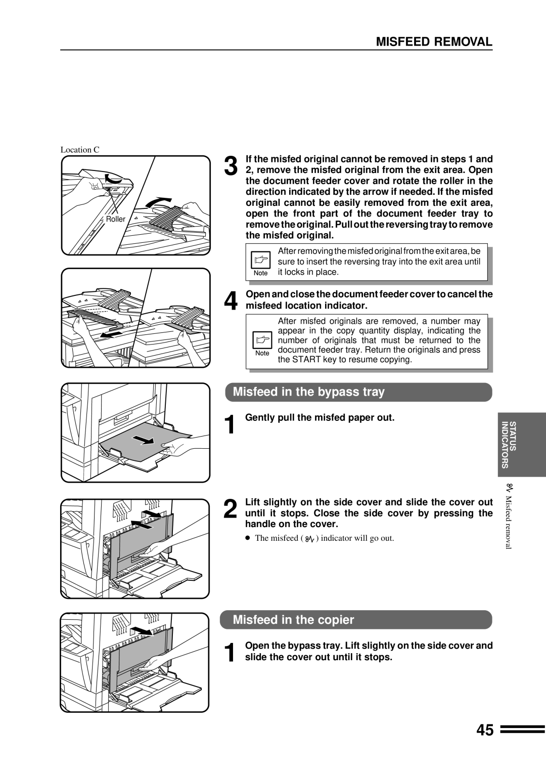 Sharp AR-207 Misfeed Removal, Misfeed in the bypass tray, Misfeed in the copier, Gently pull the misfed paper out 