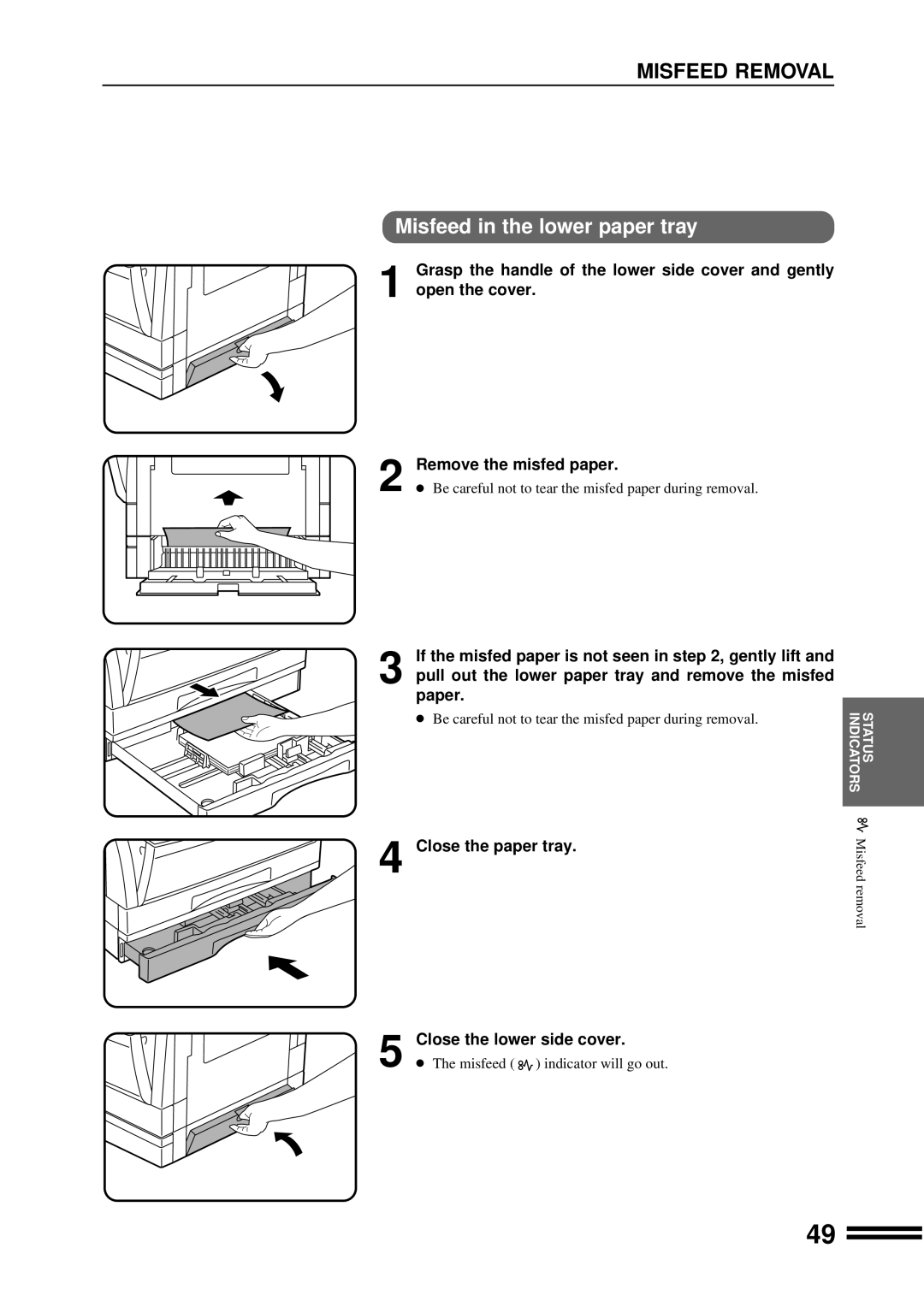 Sharp AR-207 operation manual Misfeed in the lower paper tray, Pull out the lower paper tray and remove the misfed paper 