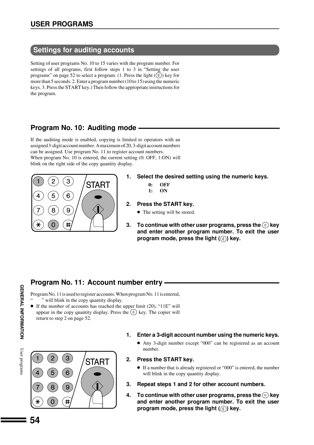 Sharp AR-207 operation manual Settings for auditing accounts, Select the desired setting using the numeric keys 