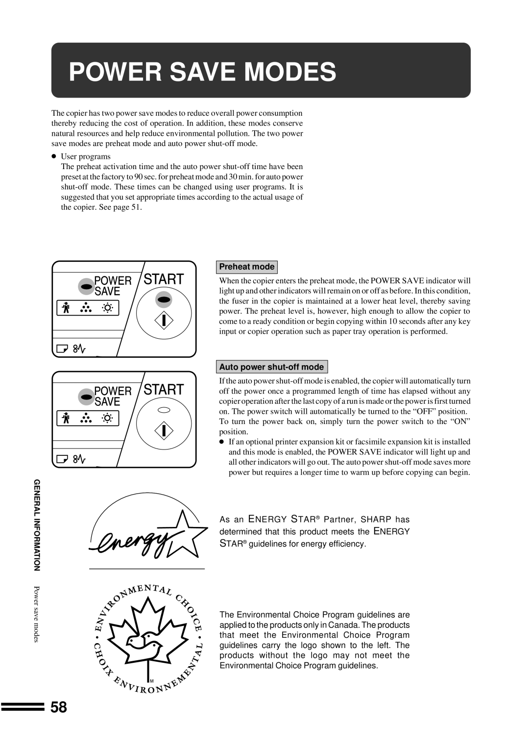 Sharp AR-207 operation manual Power Save Modes, Preheat mode, Auto power shut-off mode 