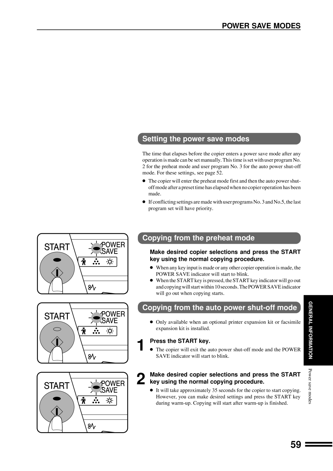 Sharp AR-207 operation manual Power Save Modes, Setting the power save modes, Copying from the preheat mode 