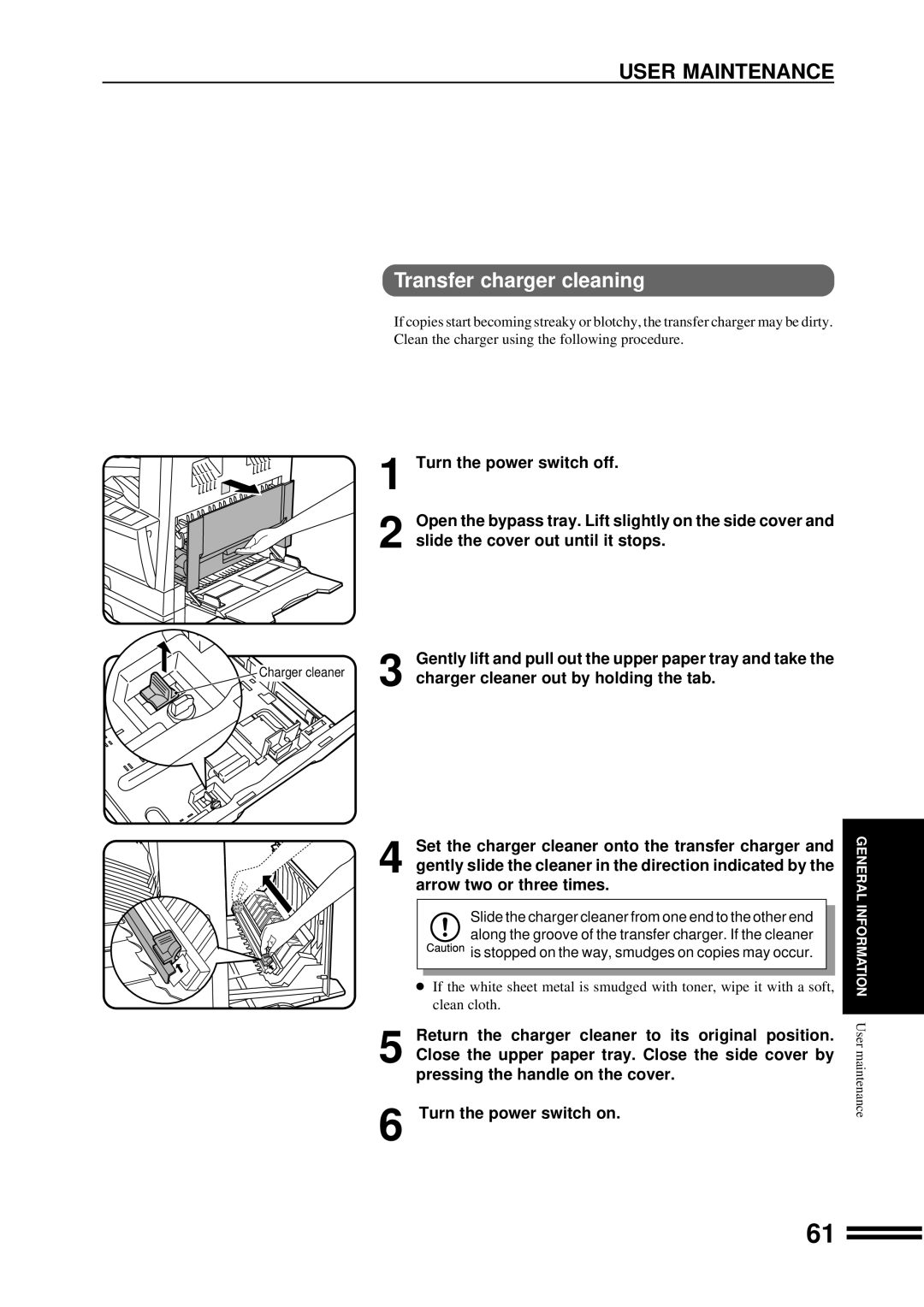 Sharp AR-207 operation manual User Maintenance, Transfer charger cleaning, Charger cleaner out by holding the tab 