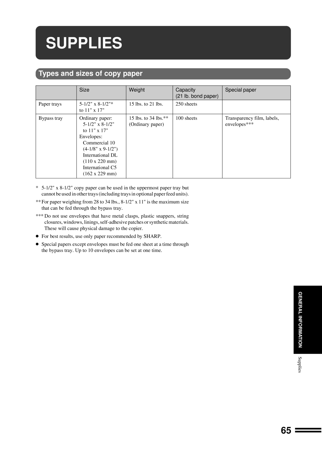 Sharp AR-207 operation manual Supplies, Types and sizes of copy paper 