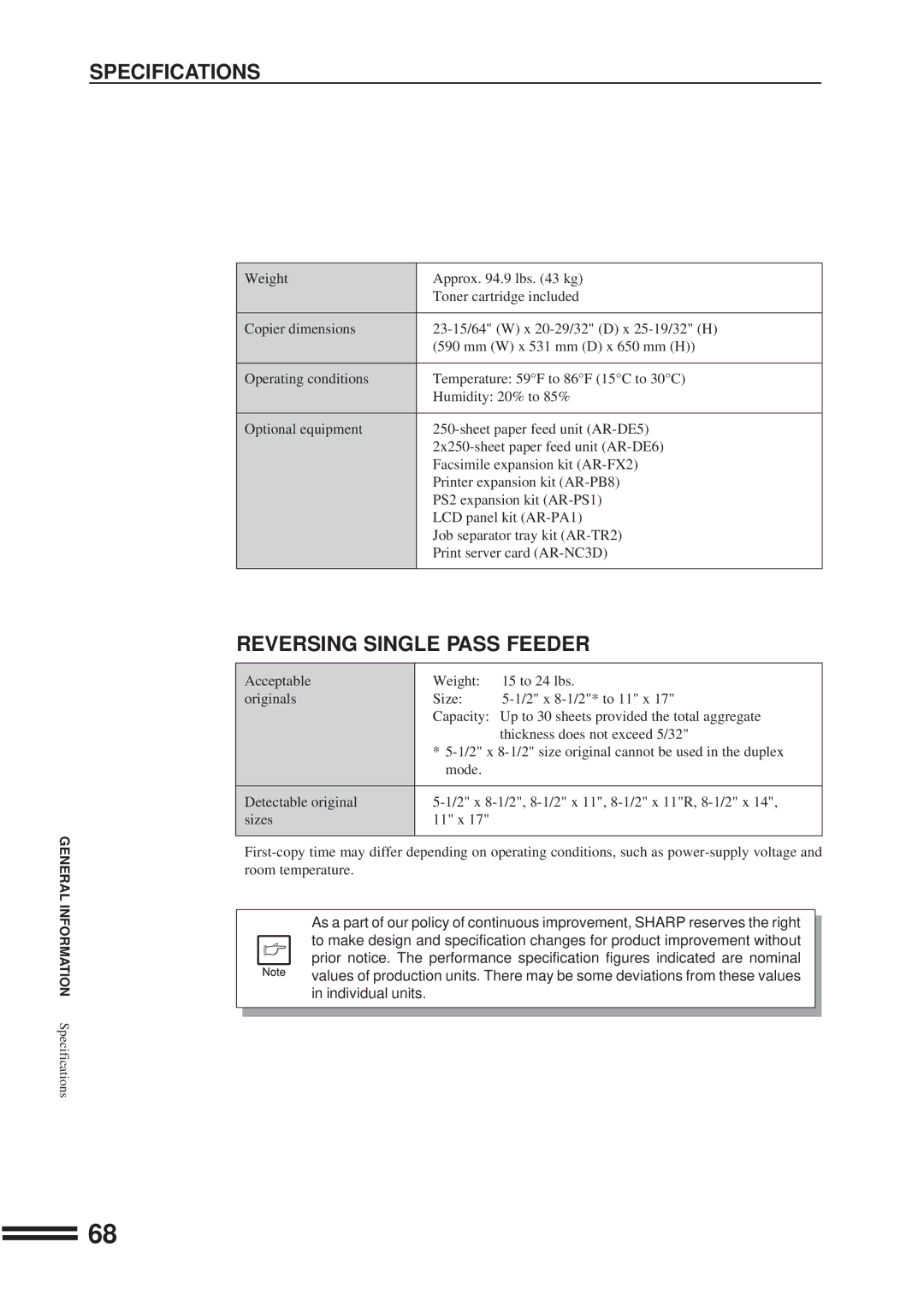 Sharp AR-207 operation manual Specifications, Reversing Single Pass Feeder 