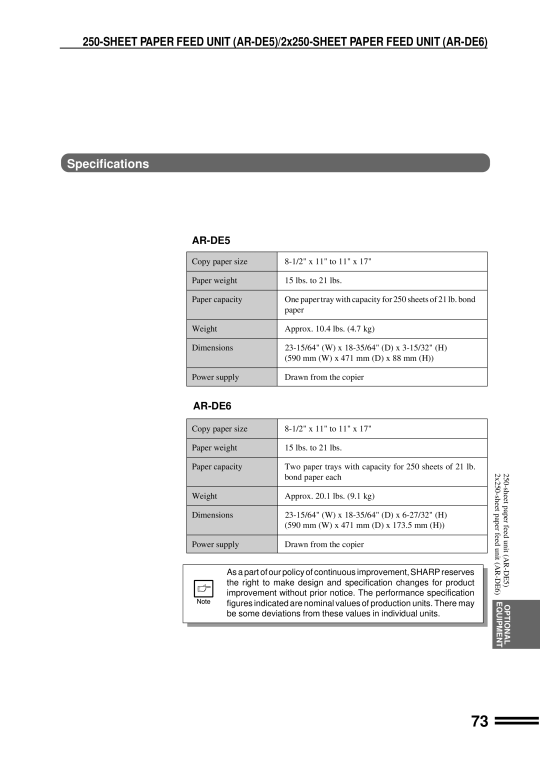 Sharp AR-207 operation manual Specifications, AR-DE5 