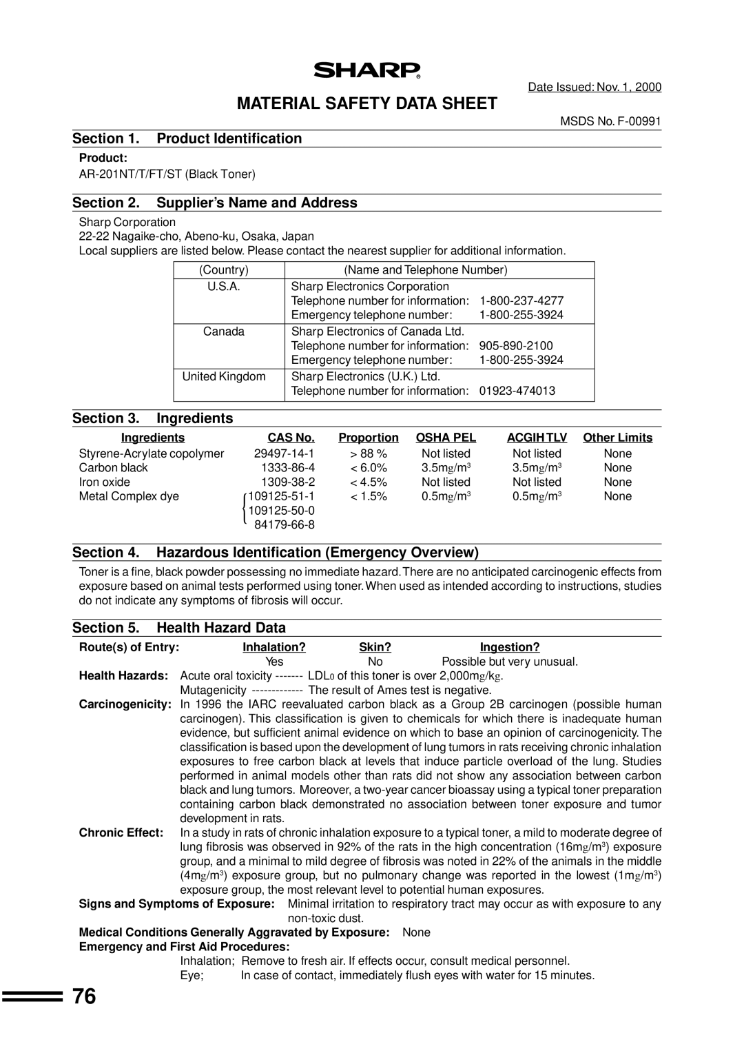 Sharp AR-207 operation manual Material Safety Data Sheet, Product, Routes of Entry, Emergency and First Aid Procedures 