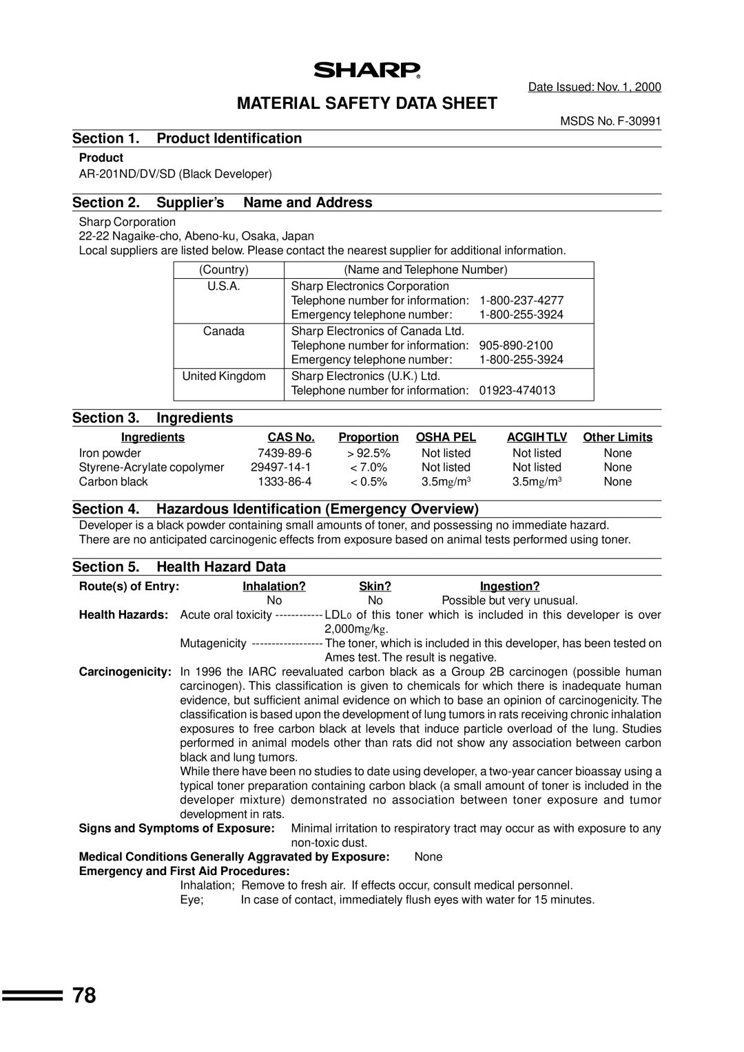 Sharp AR-207 operation manual Ingredients, Proportion, Health Hazards, Medical Conditions Generally Aggravated by Exposure 