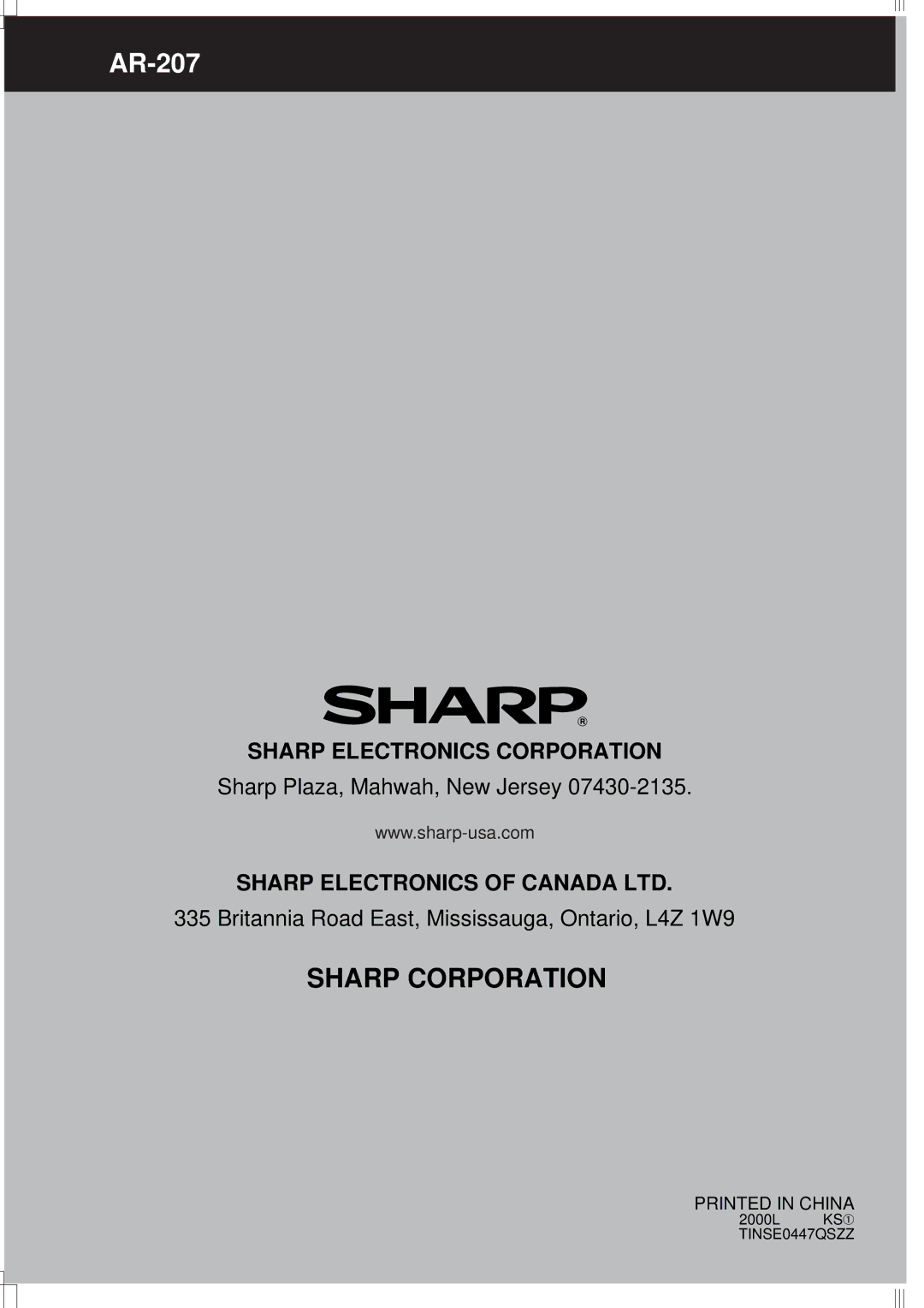 Sharp AR-207 operation manual Sharp Corporation 