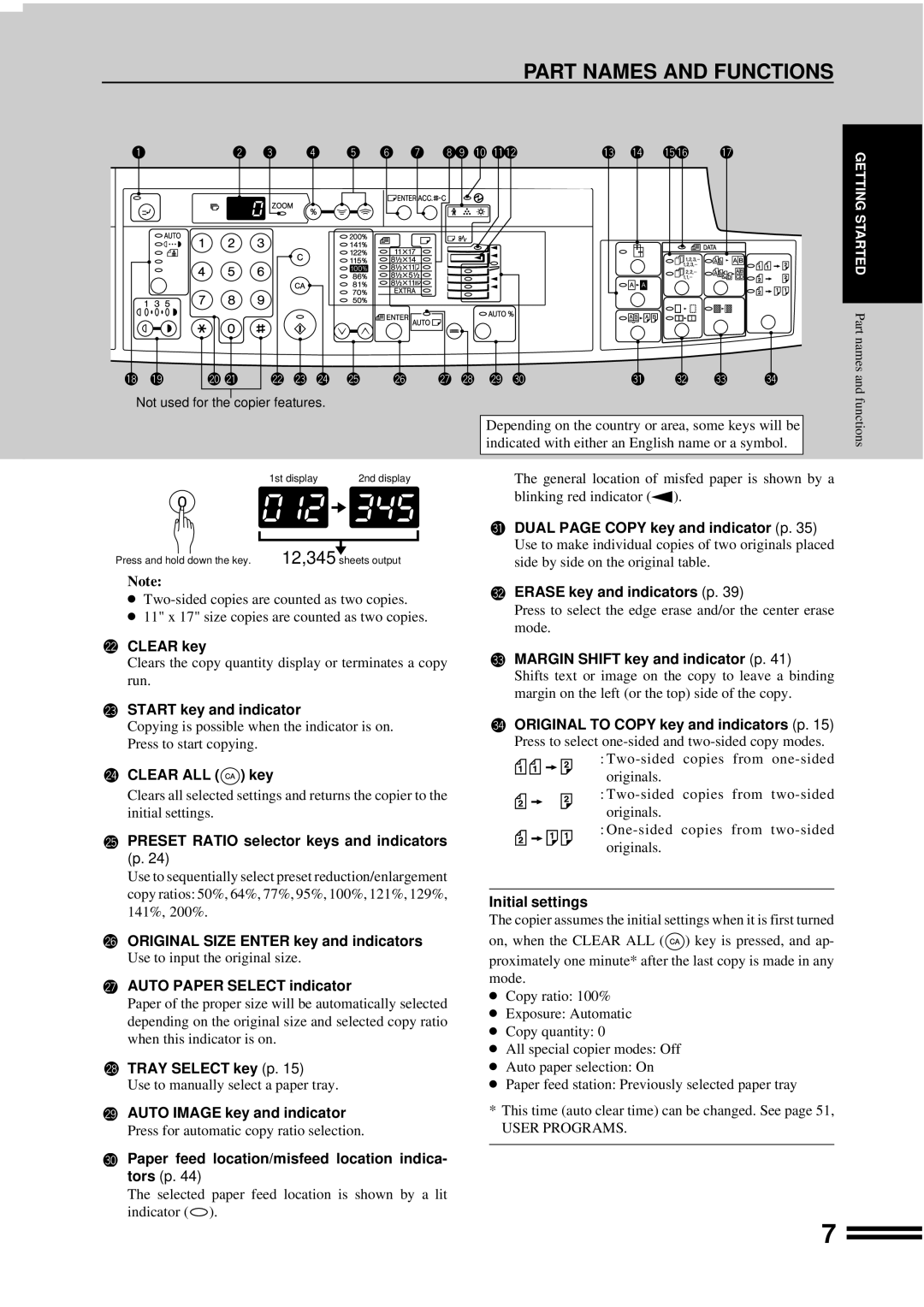 Sharp AR-207 operation manual Clear key, Start key and indicator, Clear ALL key, Preset Ratio selector keys and indicators 