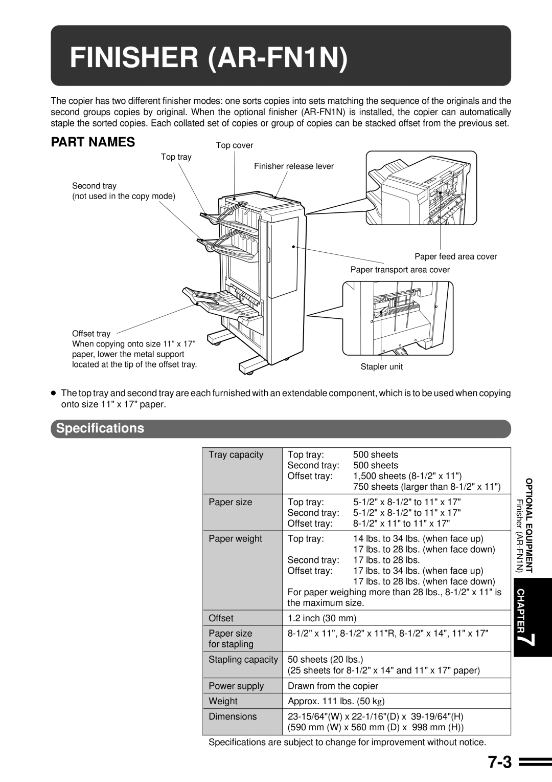 Sharp AR-287 manual Finisher AR-FN1N, Part Names, Specifications 