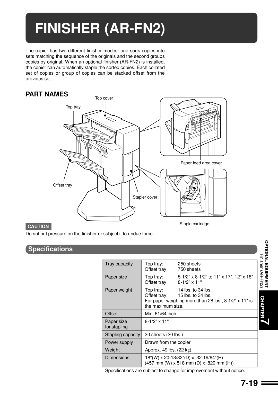 Sharp AR-287 manual Finisher AR-FN2, Part Names 