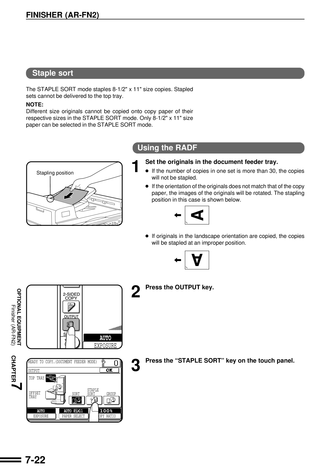 Sharp AR-287 manual Staple sort, Set the originals in the document feeder tray 