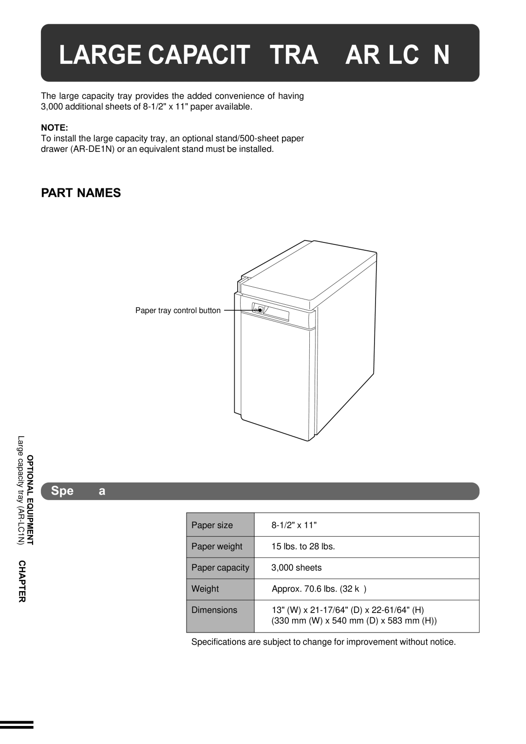 Sharp AR-287 manual Large Capacity Tray AR-LC1N, Part Names 