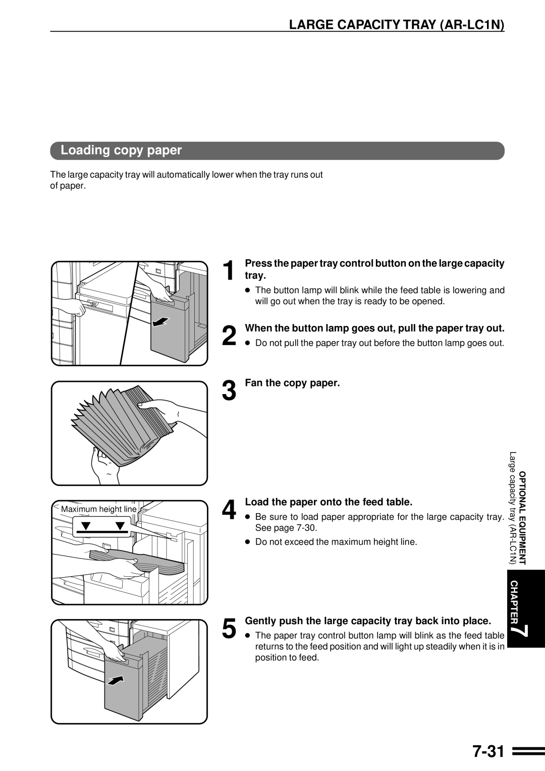 Sharp AR-287 manual Large Capacity Tray AR-LC1N, Fan the copy paper, Load the paper onto the feed table 