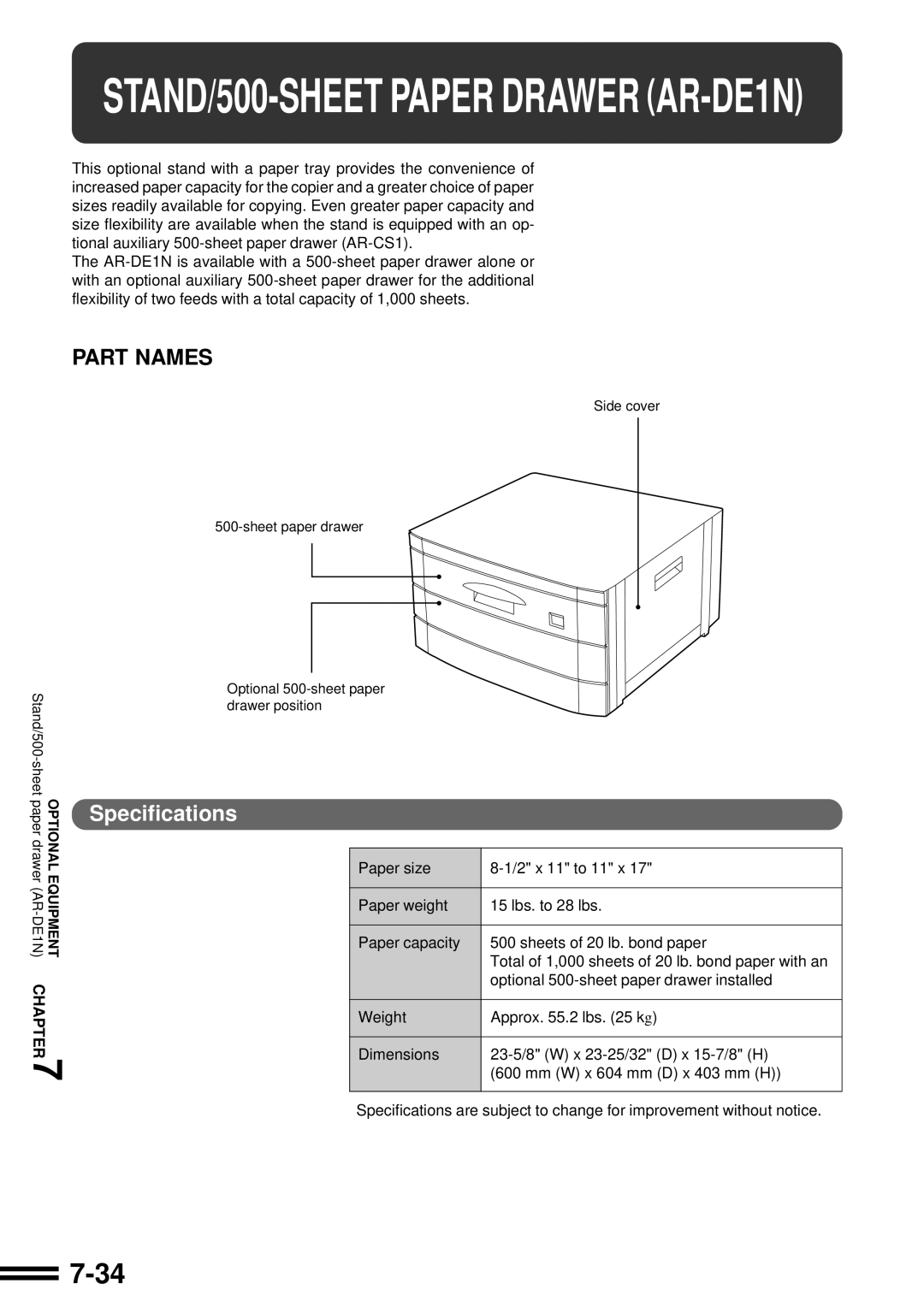 Sharp AR-287 manual STAND/500-SHEET Paper Drawer AR-DE1N 