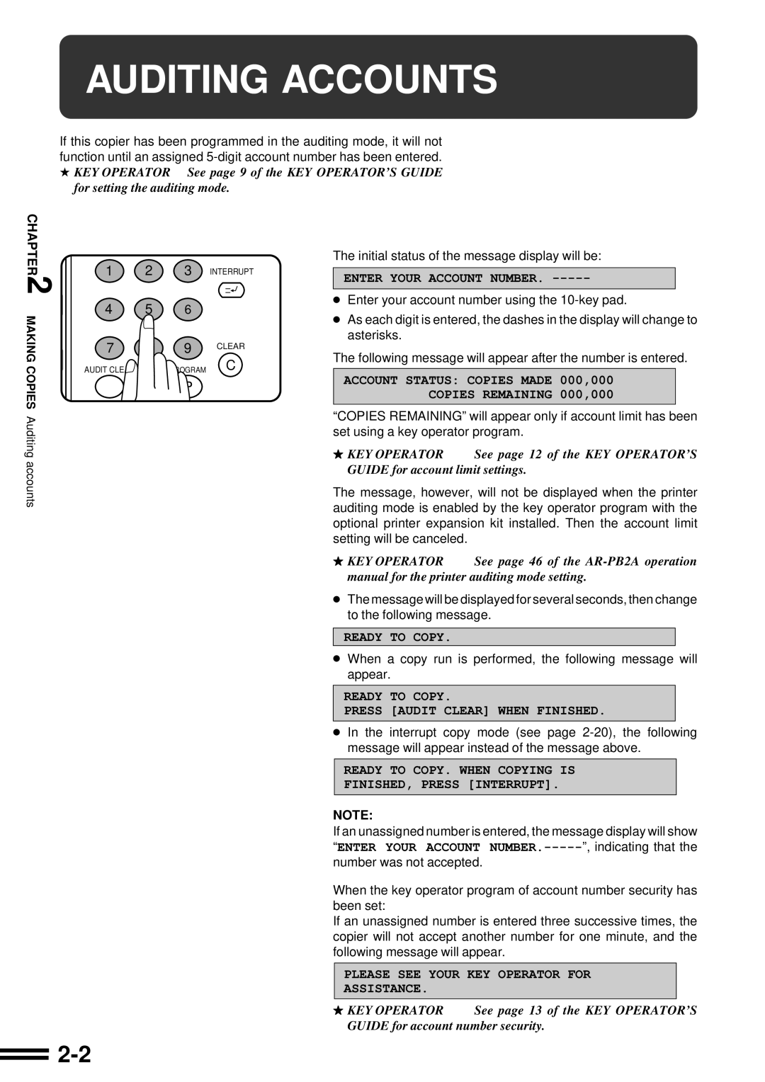 Sharp AR-287 manual Auditing Accounts, For setting the auditing mode 