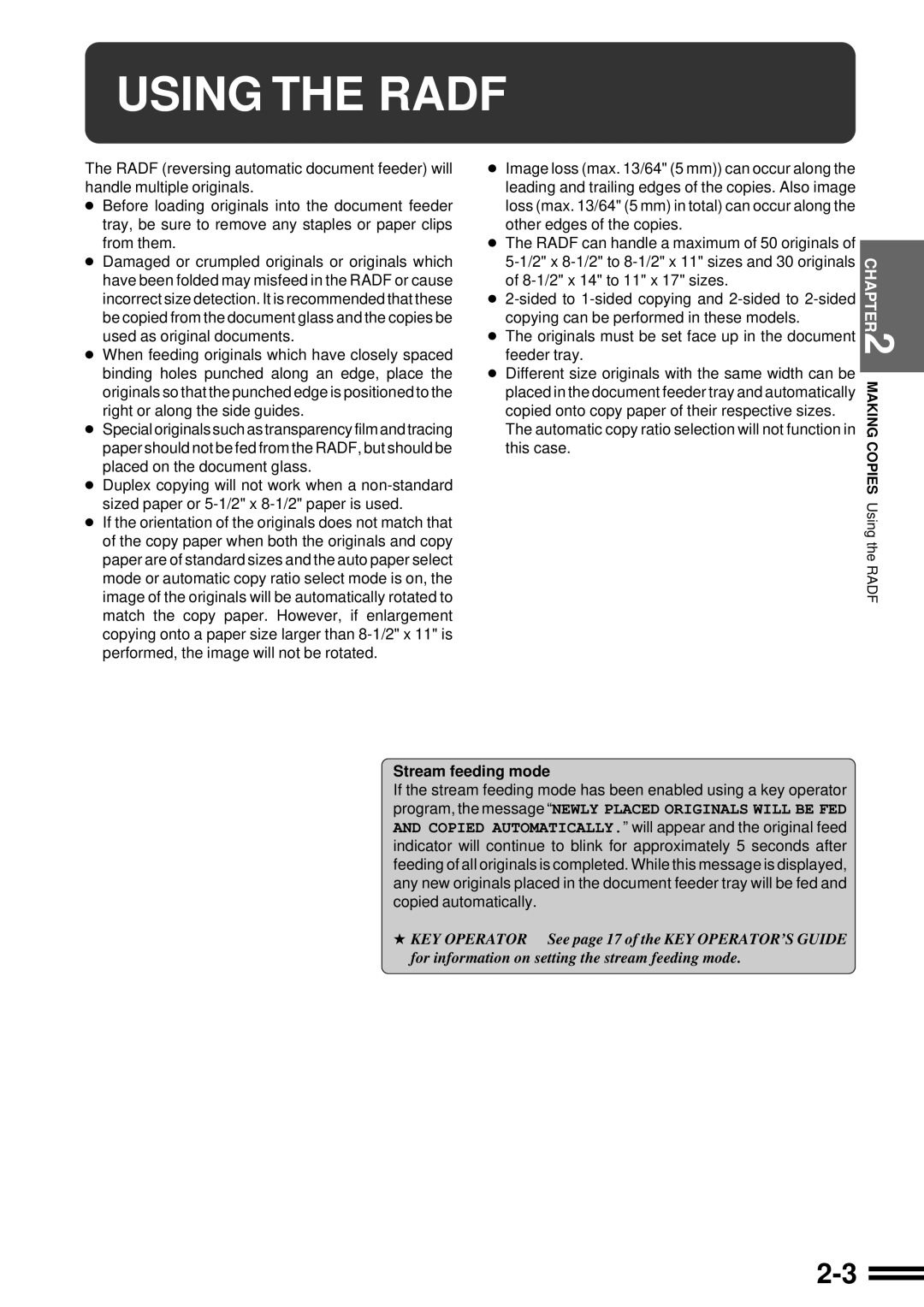 Sharp AR-287 manual Using the Radf, Stream feeding mode 