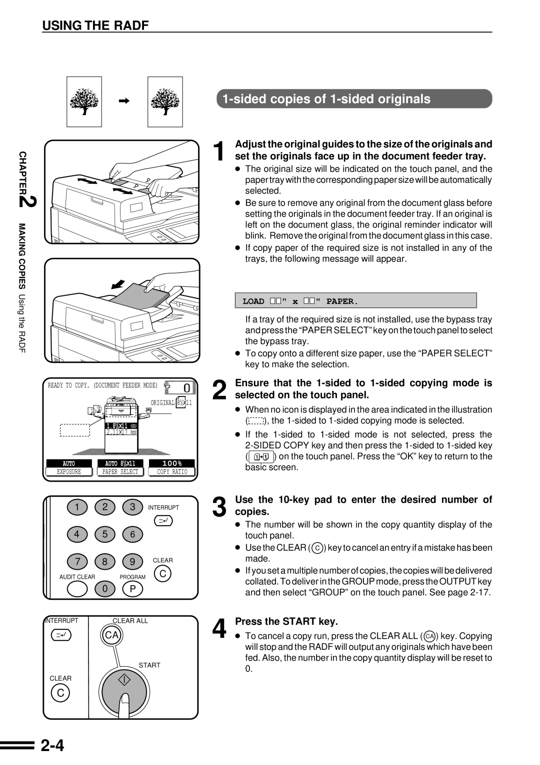 Sharp AR-287 Using the Radf, Sided copies of 1-sided originals, Use the 10-key pad to enter the desired number Copies 