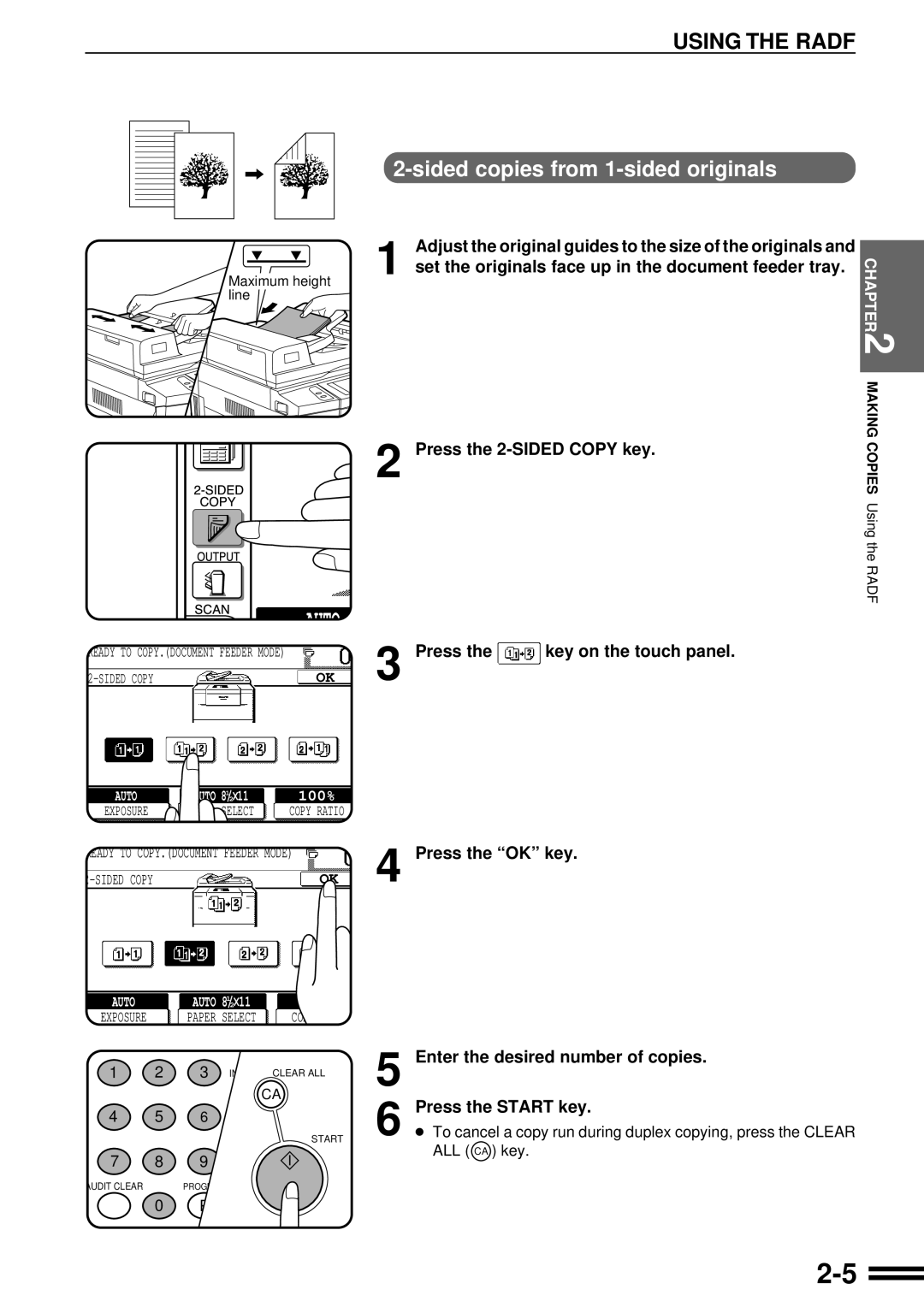 Sharp AR-287 manual Sided copies from 1-sided originals, Press the 2-SIDED Copy key, Press the key on the touch panel 