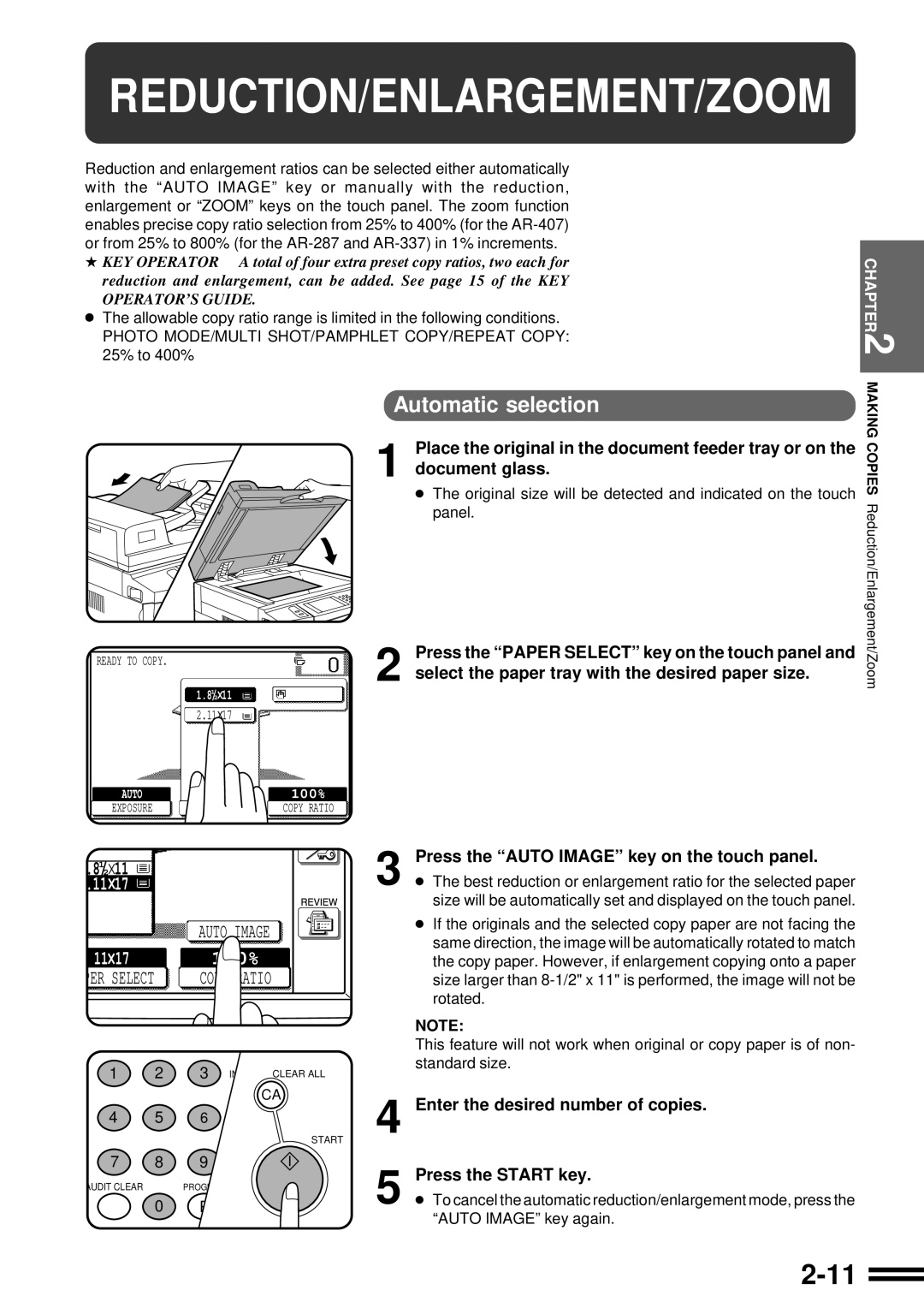 Sharp AR-287 manual Reduction/Enlargement/Zoom, Automatic selection 