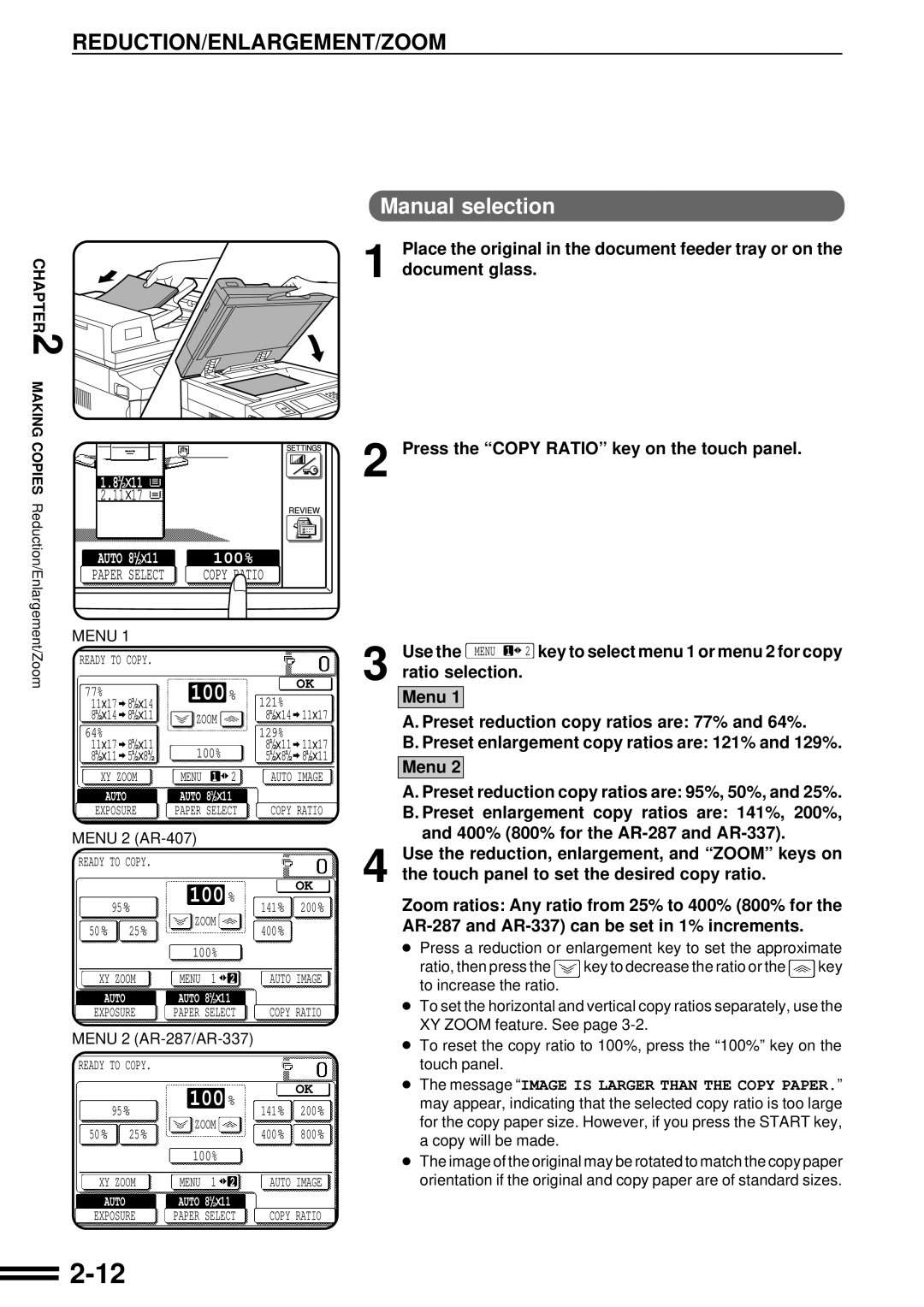 Sharp AR-287 manual Reduction/Enlargement/Zoom, Manual selection 