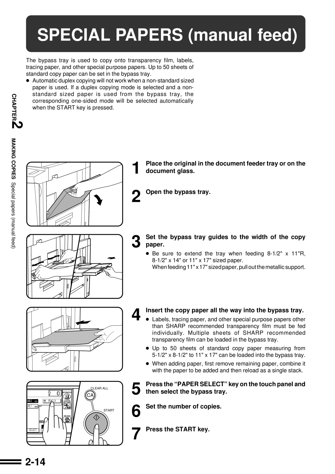 Sharp AR-287 Insert the copy paper all the way into the bypass tray, Then select the bypass tray, Set the number of copies 