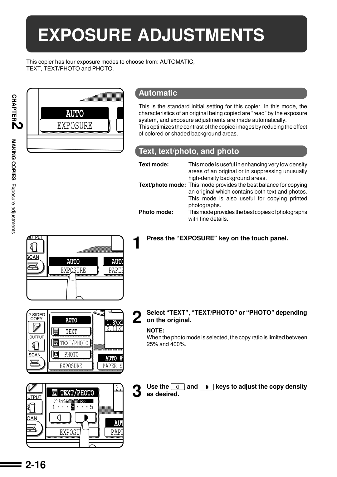 Sharp AR-287 manual Exposure Adjustments, Automatic, Text, text/photo, and photo 