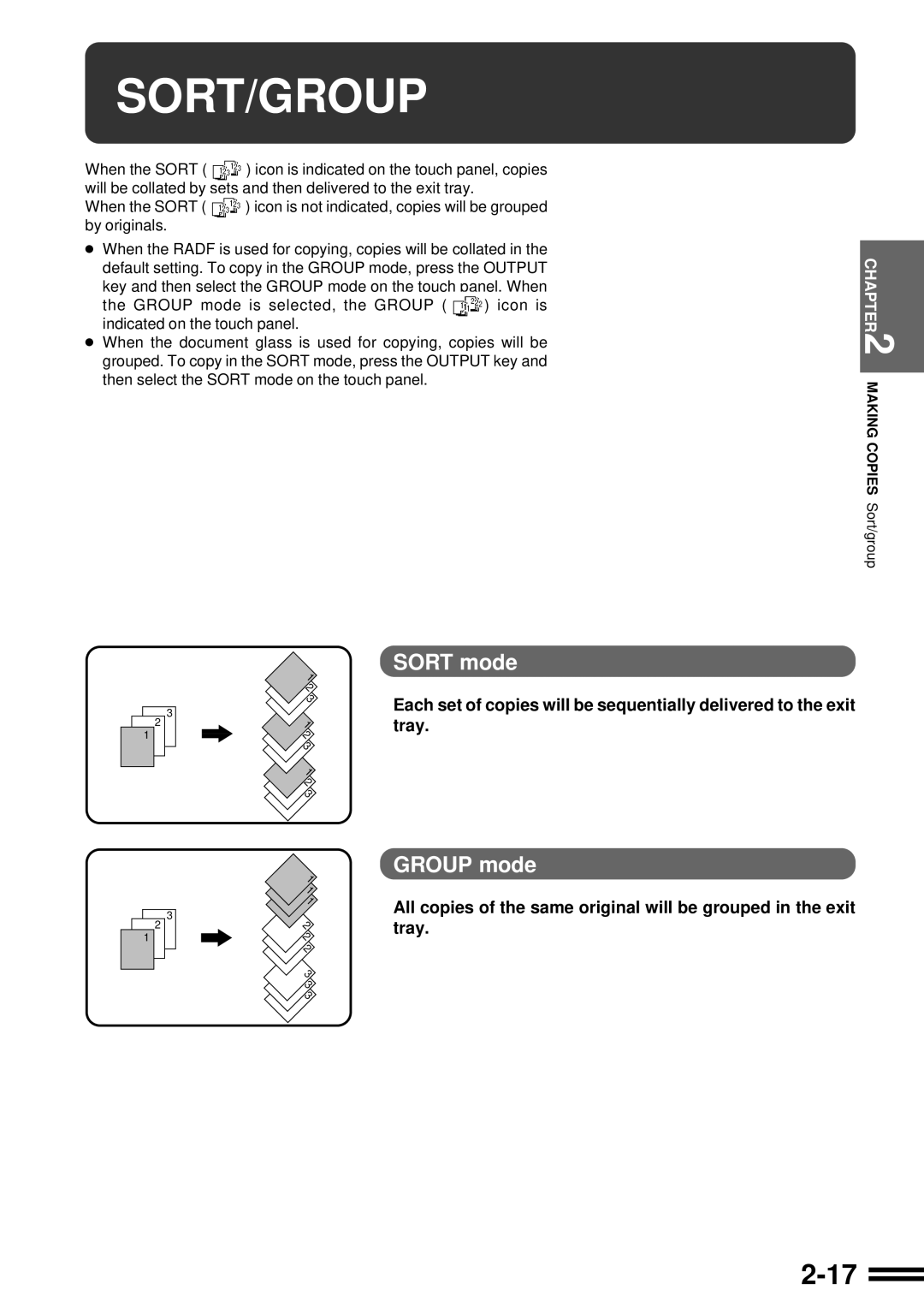 Sharp AR-287 manual Sort/Group, Sort mode, Group mode, Tray, All copies of the same original will be grouped in the exit 