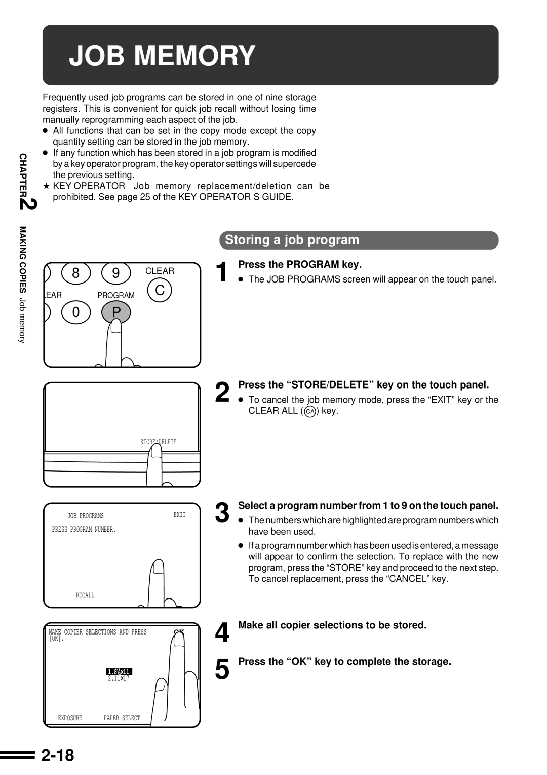 Sharp AR-287 manual JOB Memory, Storing a job program, Press the Program key, Press the STORE/DELETE key on the touch panel 