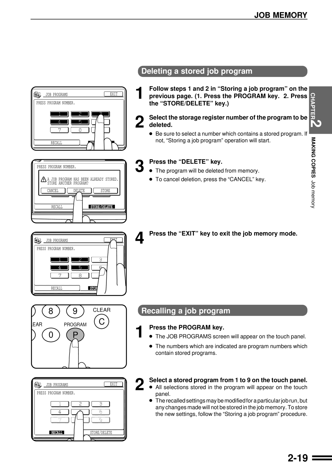 Sharp AR-287 manual JOB Memory, Deleting a stored job program, Recalling a job program 