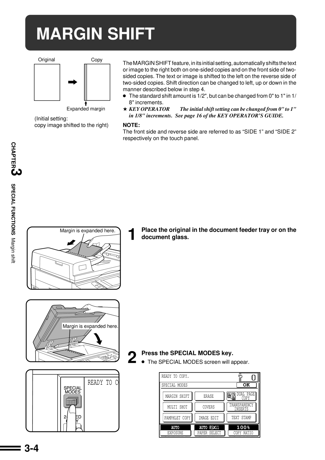 Sharp AR-287 manual Margin Shift, Press the Special Modes key, Place the original in the document feeder tray or on 