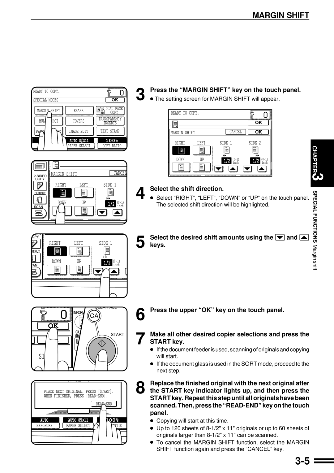 Sharp AR-287 manual Press the Margin Shift key on the touch panel, Select the shift direction 