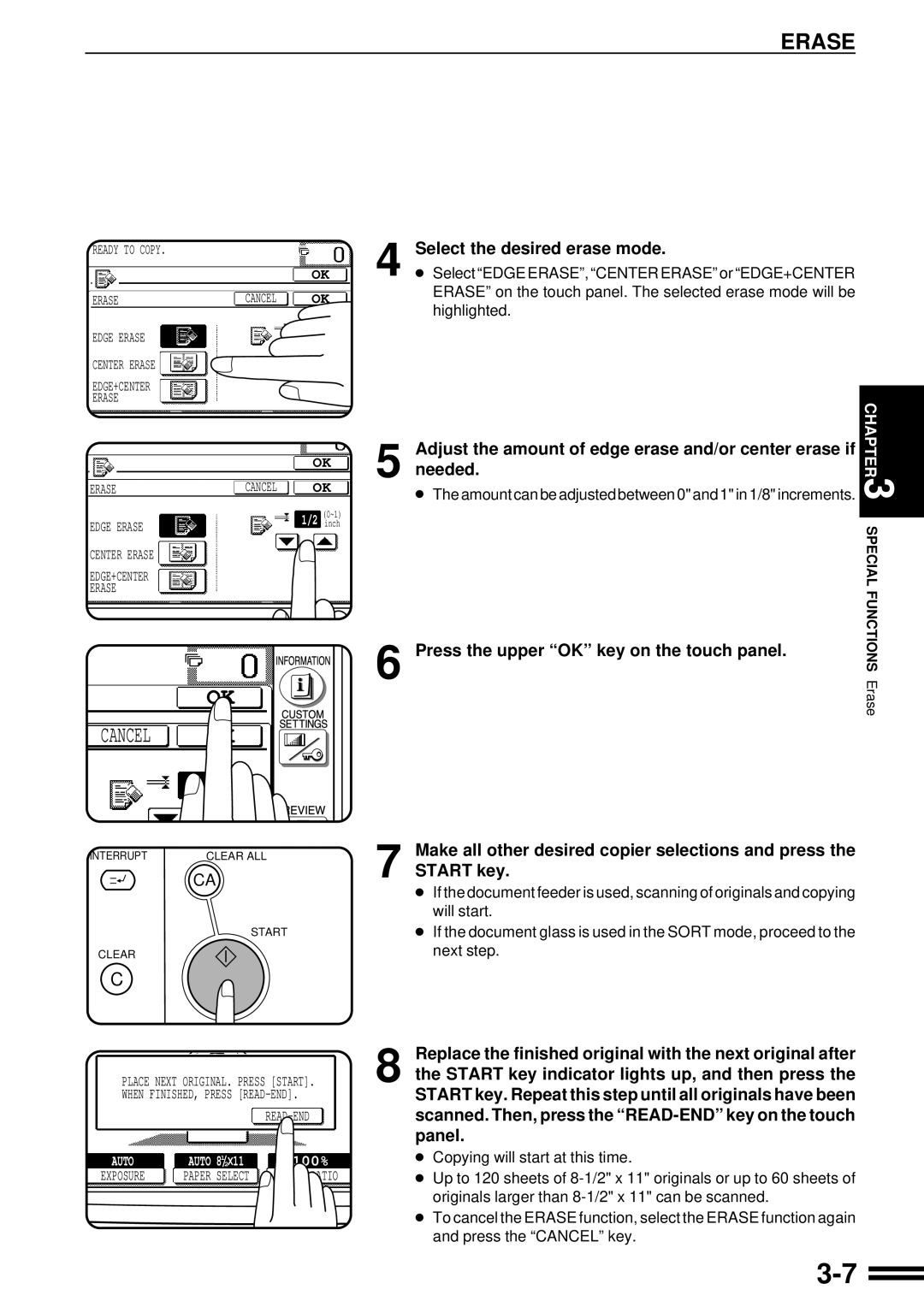 Sharp AR-287 manual Erase, Select the desired erase mode, Needed, Adjust the amount of edge erase and/or center erase if 