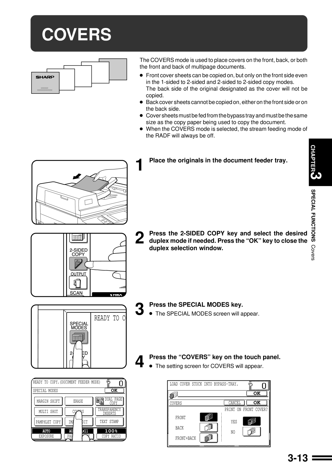 Sharp AR-287 manual Place the originals in the document feeder tray, Press the Covers key on the touch panel 