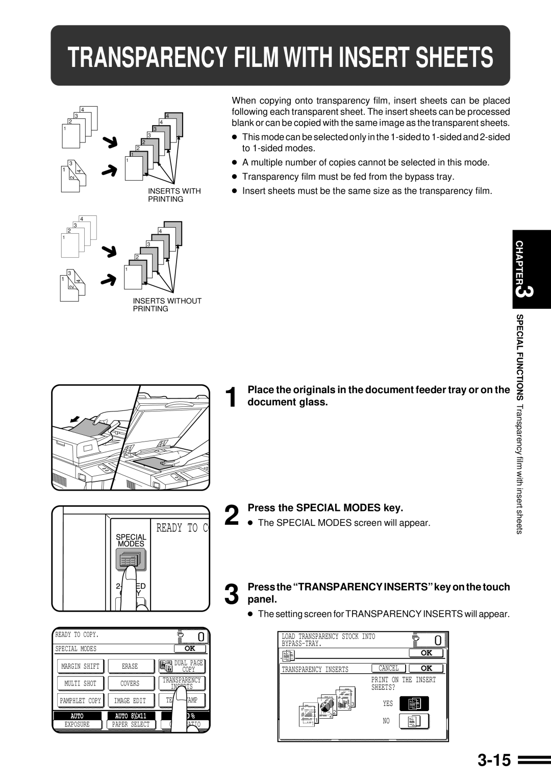 Sharp AR-287 manual Transparency Film with Insert Sheets, Press the Transparency Inserts key on the touch panel 