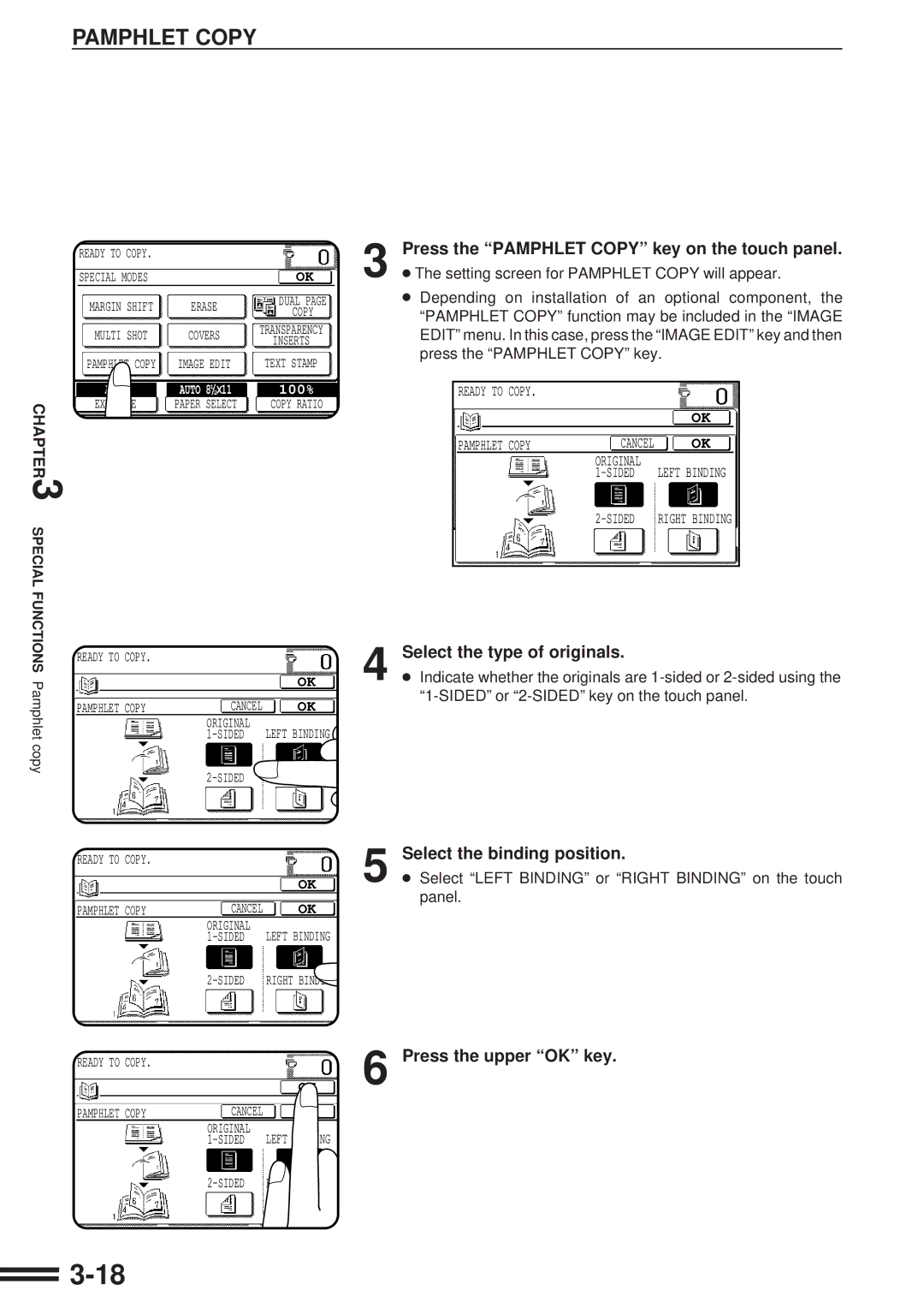 Sharp AR-287 Press the Pamphlet Copy key on the touch panel, Select the type of originals, Select the binding position 