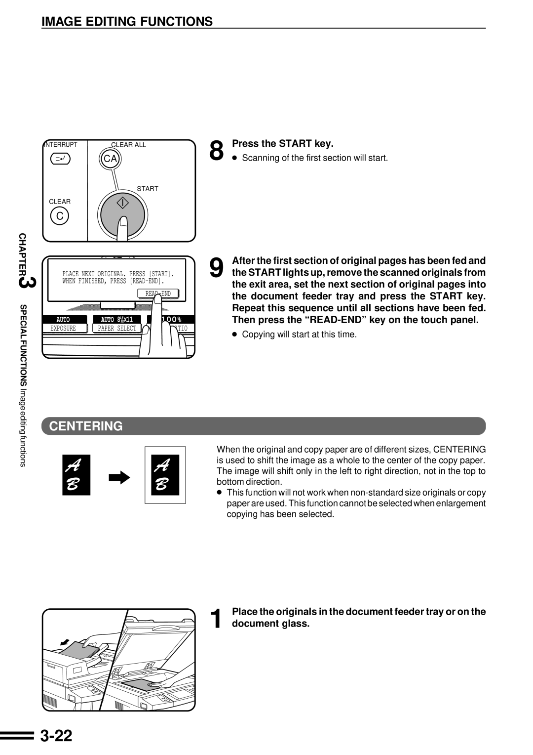 Sharp AR-287 manual Centering, After the first section of original pages has been fed 