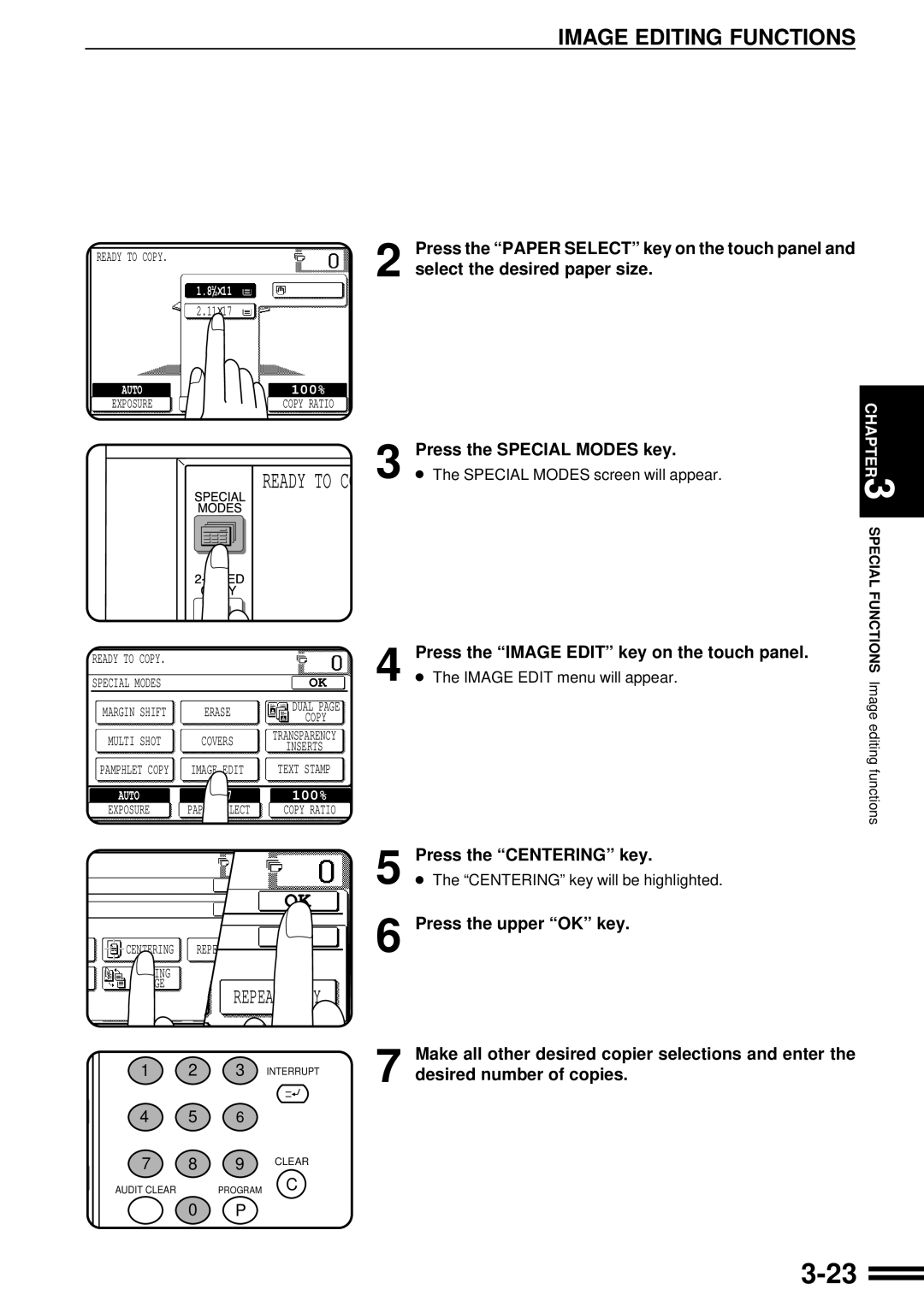 Sharp AR-287 manual Press the Centering key, Press the Image Edit key on the touch panel 