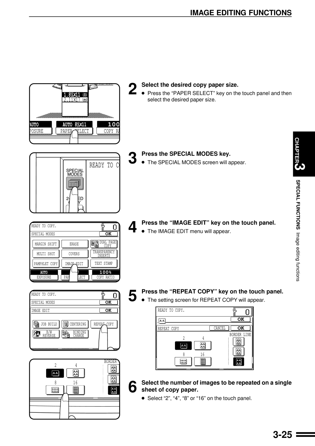 Sharp AR-287 manual Select the desired copy paper size, Sheet of copy paper, Press the Repeat Copy key on the touch panel 