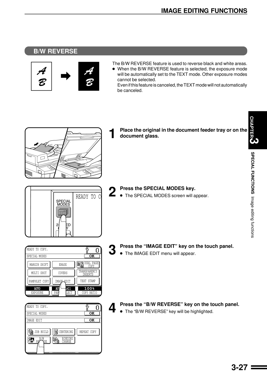 Sharp AR-287 manual Press the Image Edit key on the touch panel, Press the B/W Reverse key on the touch panel 