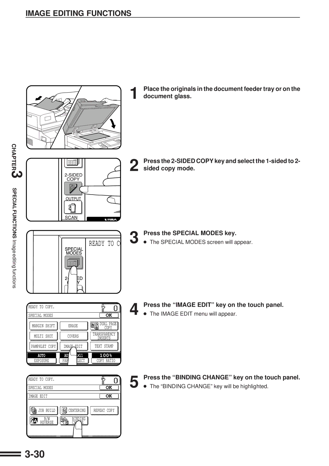 Sharp AR-287 manual Press the Special Modes key, Press the Binding Change key on the touch panel 