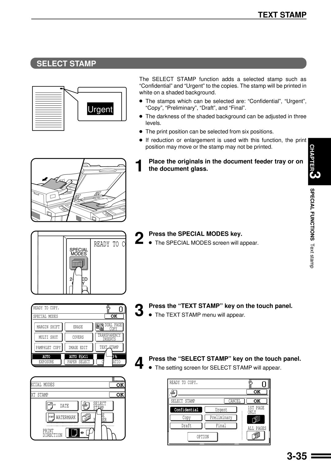 Sharp AR-287 manual Press the Special Modes key, Press the Select Stamp key on the touch panel 