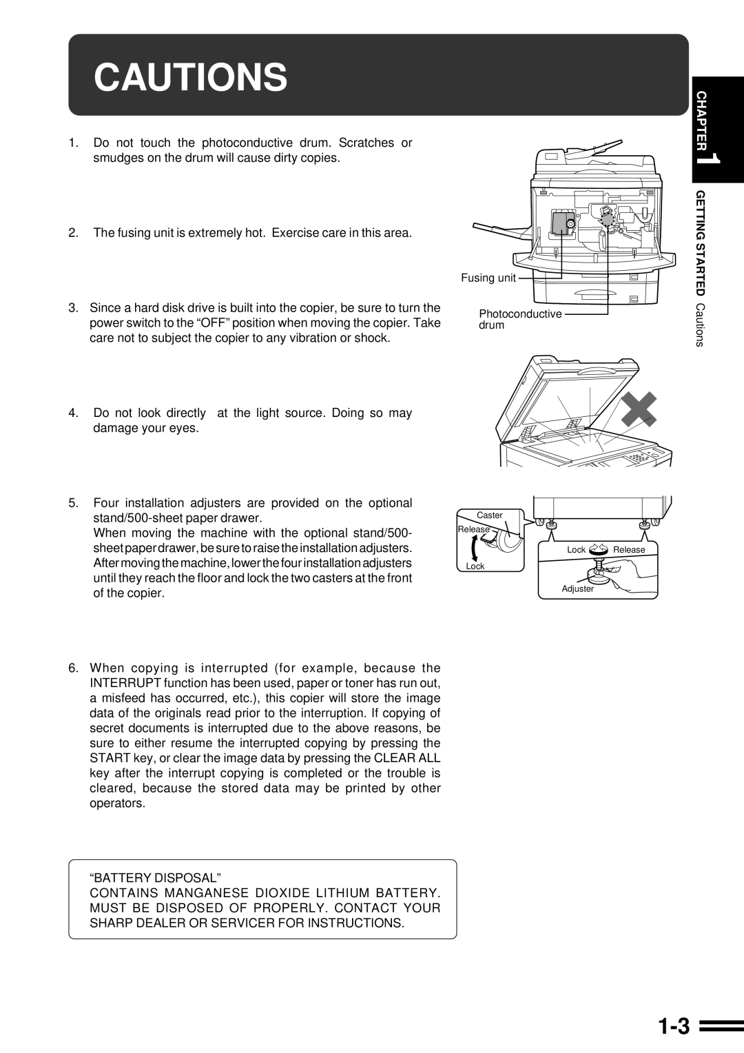 Sharp AR-287 manual Getting Started Cautions 