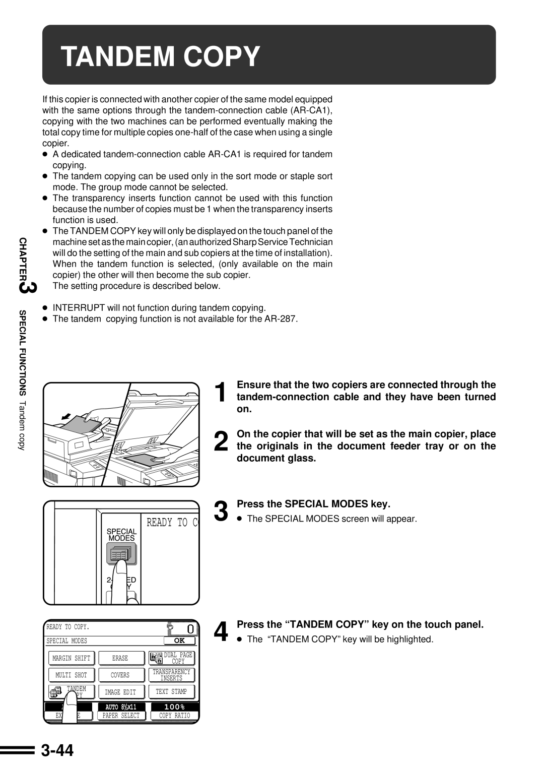 Sharp AR-287 manual Press the Tandem Copy key on the touch panel 