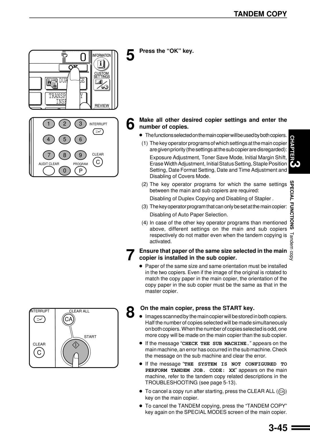 Sharp AR-287 manual Tandem Copy, Copier is installed in the sub copier, On the main copier, press the Start key 