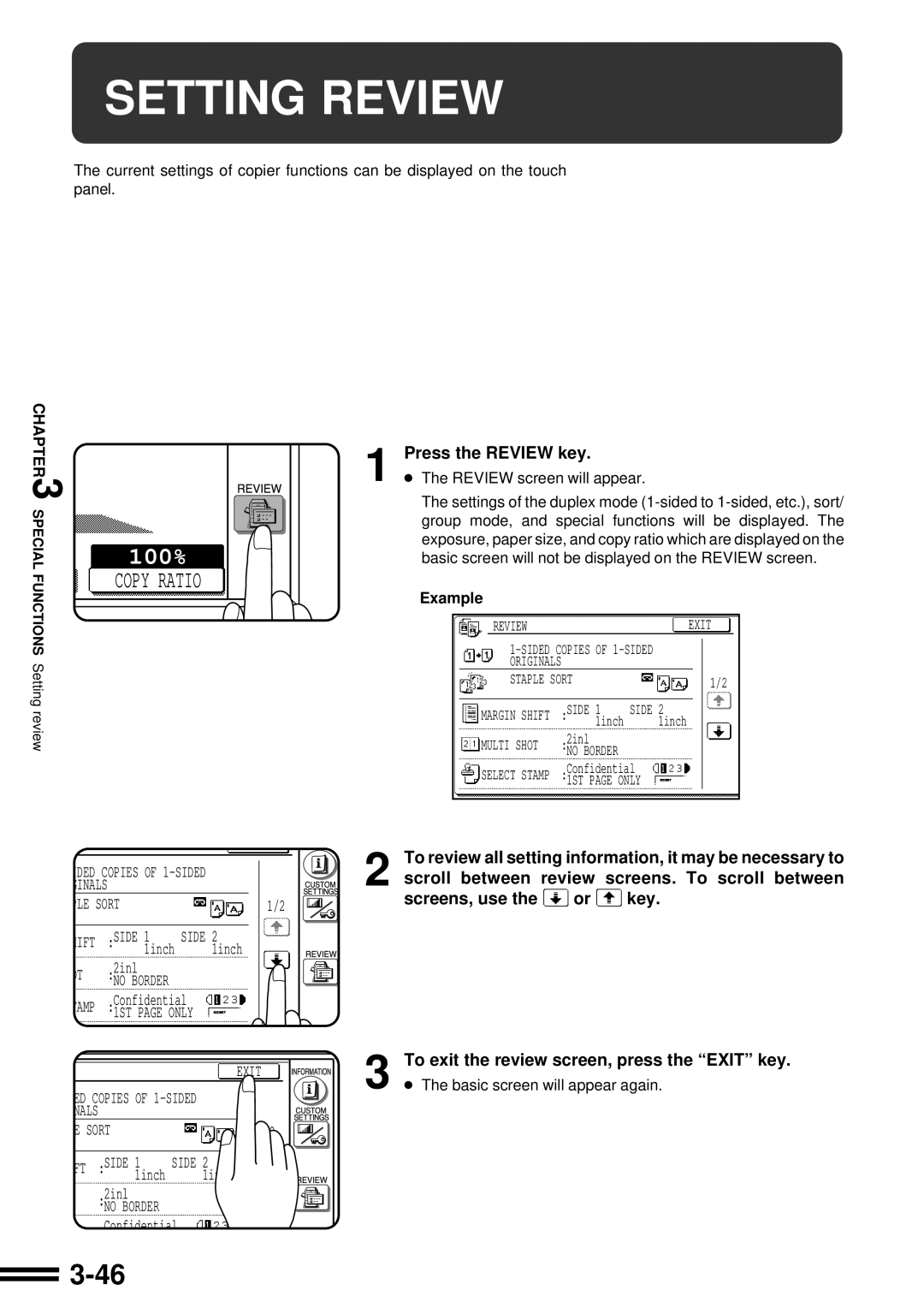 Sharp AR-287 manual Setting Review, Press the Review key, Example, To exit the review screen, press the Exit key 