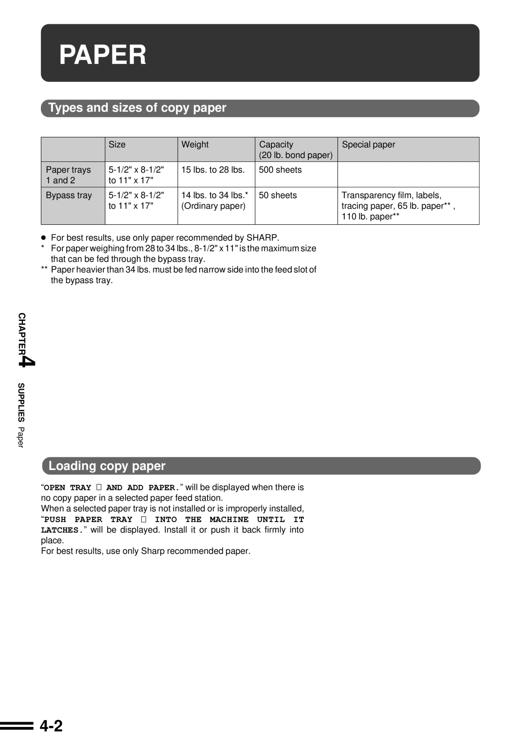 Sharp AR-287 manual Paper, Types and sizes of copy paper, Loading copy paper 