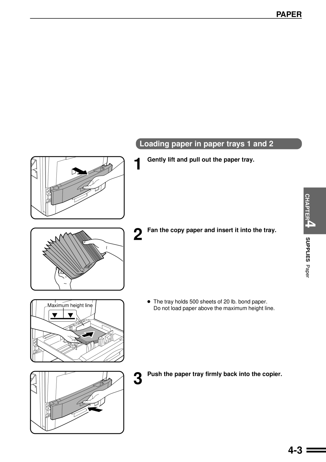 Sharp AR-287 manual Paper, Loading paper in paper trays 1, Push the paper tray firmly back into the copier 