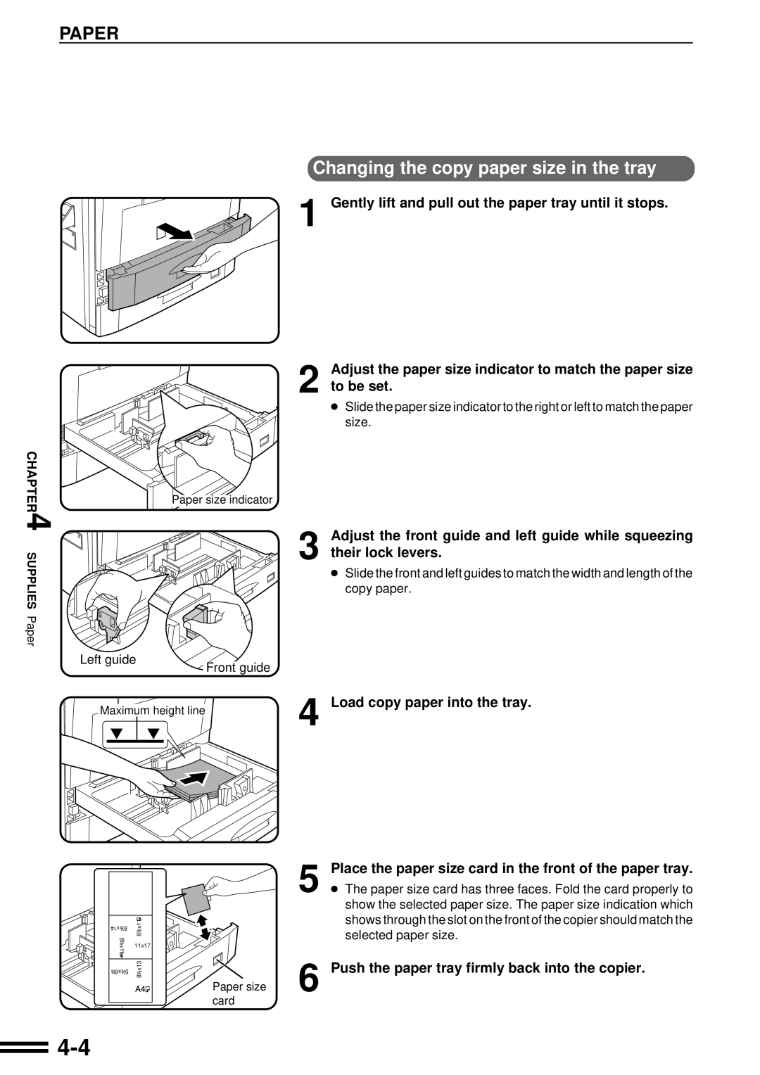 Sharp AR-287 manual Changing the copy paper size in the tray, Load copy paper into the tray 