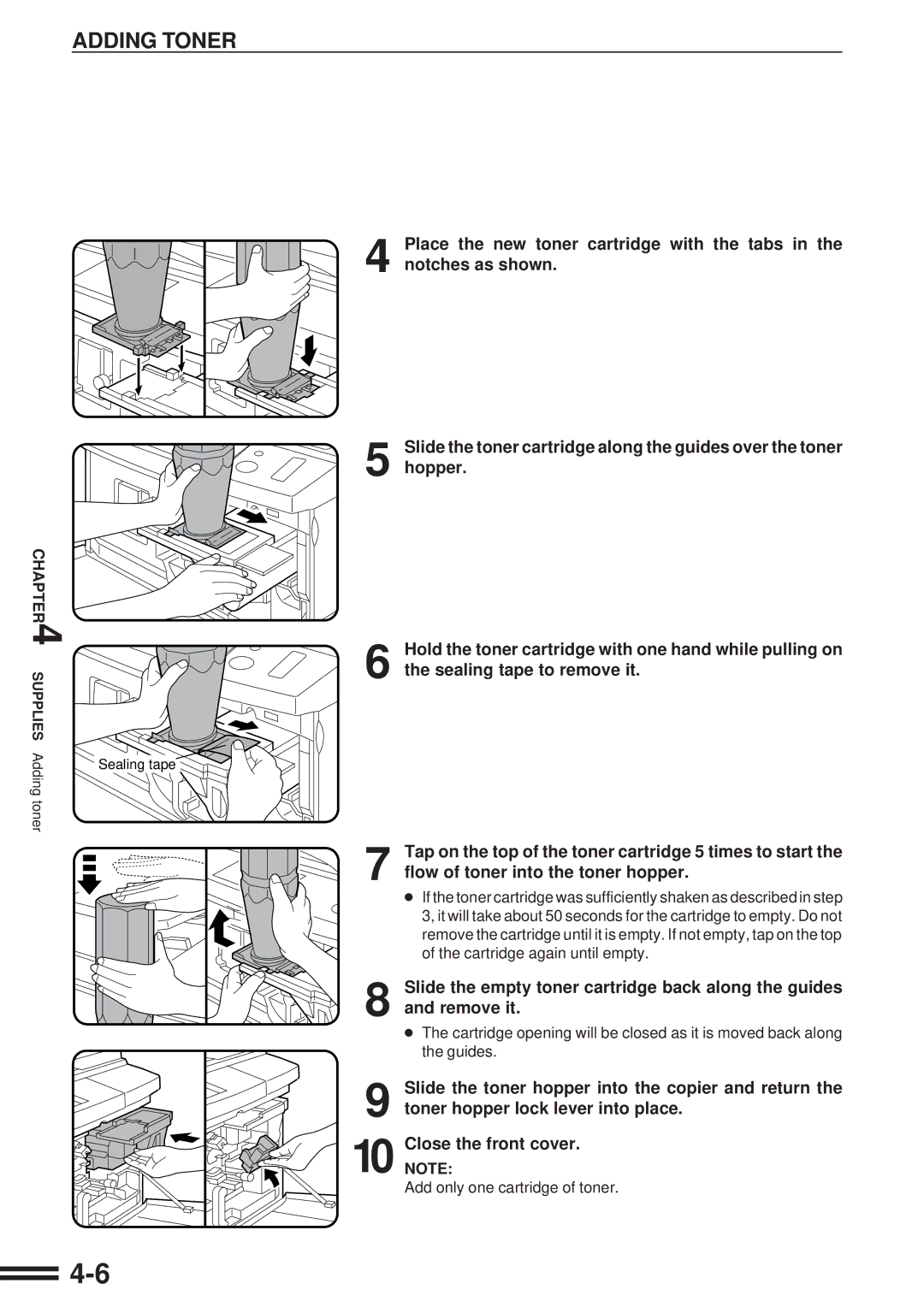 Sharp AR-287 manual Adding Toner, Place the new toner cartridge with the tabs Notches as shown 